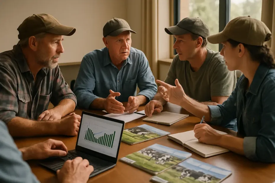 Dairy ESG funding policy notes beside milk samples and farm financial records