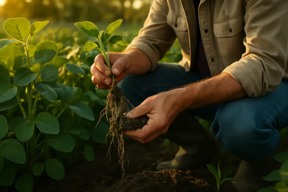 deeper-rooted soybeans growing in dry soil with visible root channels