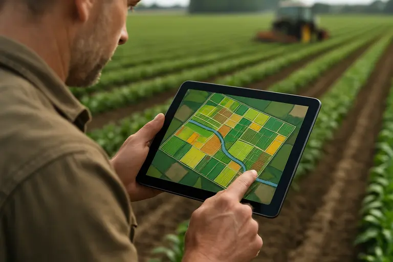 Drone image map displayed beside soybean rows with scattered weeds
