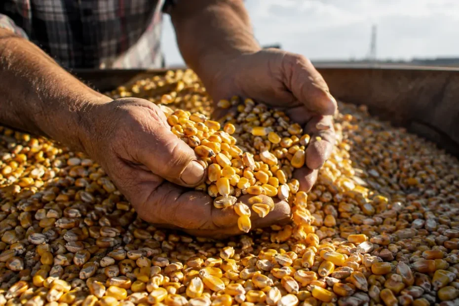 Grain bins and corn trailers showing excess corn stocks pressure