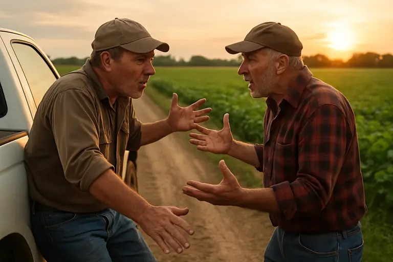 Farm adviser and producer reviewing field records at a pickup tailgate
