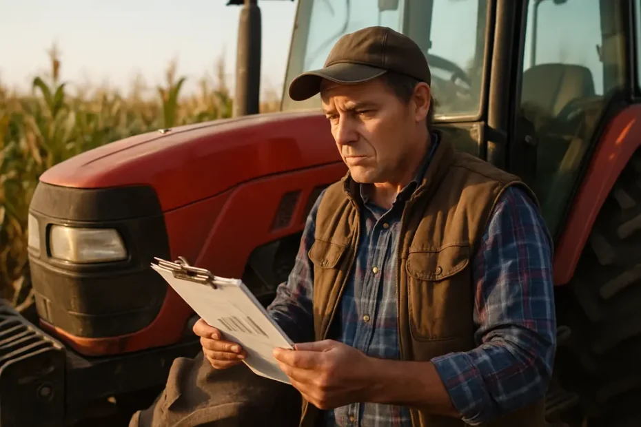 farm debt trends shown by a farmer reviewing loan papers beside a crop field