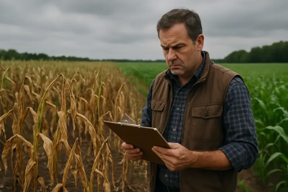 Farmer reviewing soil cover during farm income decline
