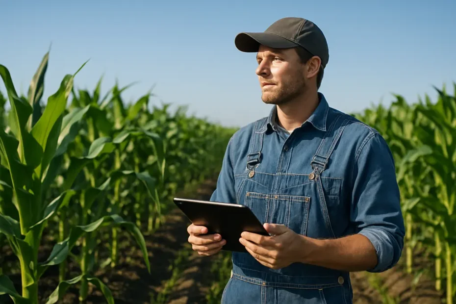 Farm income forecast review with crop rows and farm budget notes
