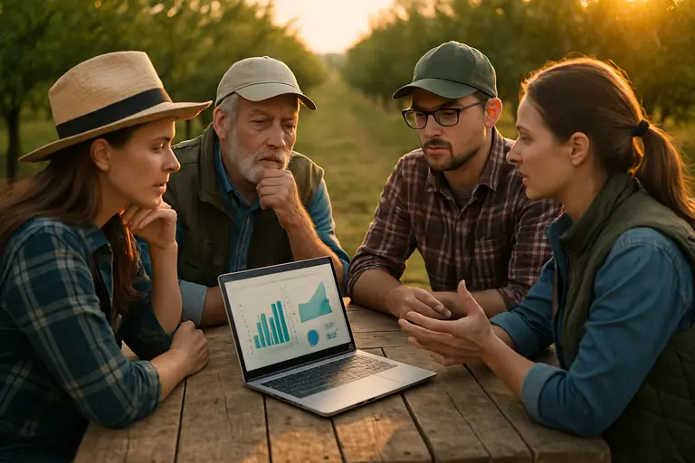 Farm manager reviewing tablet data beside apple orchard rows