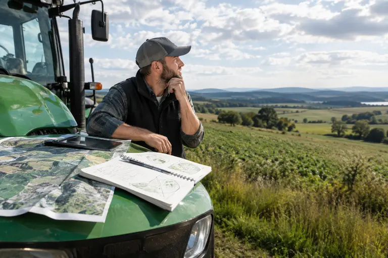 Farmer reviewing crop notes at the edge of a field