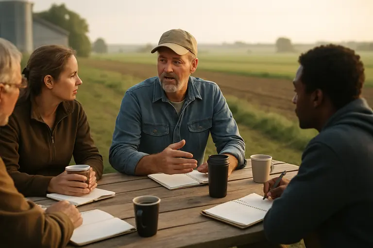 Farmer reviewing field notes and regulatory documents in a farm office