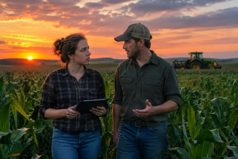 Farmer reviewing grain market notes near a laptop