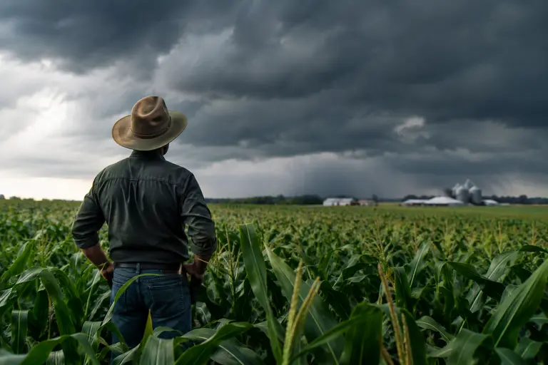 Farmer reviewing grain storage records near metal bins