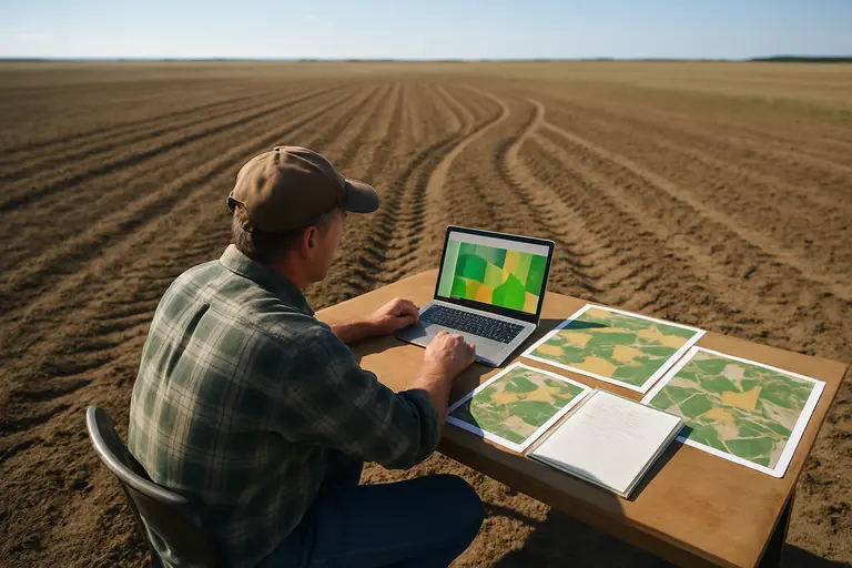 Farmer reviewing grain storage records near metal bins