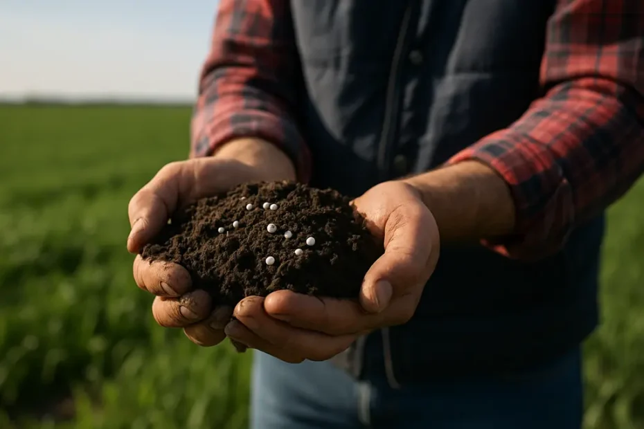 Farmer reviewing fertilizer pricing records beside field input invoices