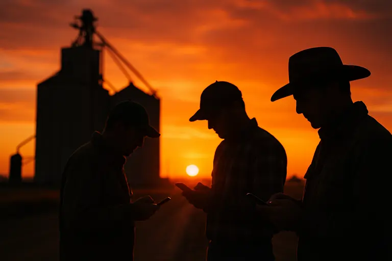 Grain elevator receiving wheat trucks during harvest