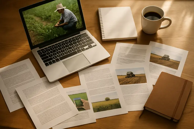 Laptop open near seed packets and farm records on a table