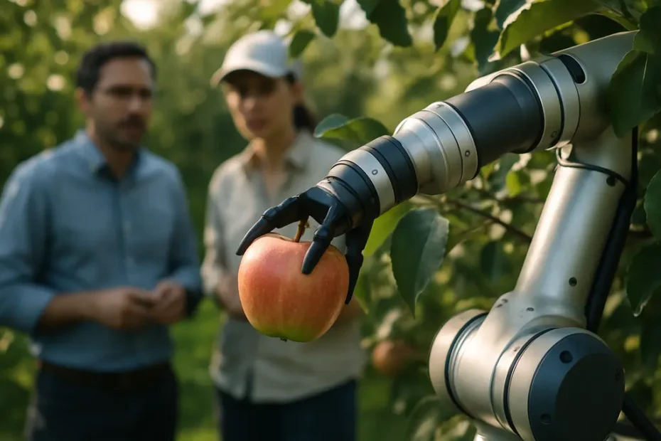 orchard robotics platform moving between apple trees in a research block