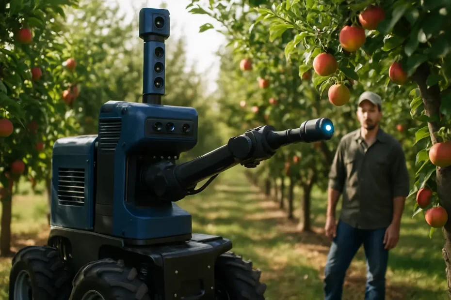 Orchard Robotics platform moving between rows of apple trees