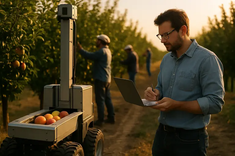 Prototype robotic arm positioned near young fruit in an orchard