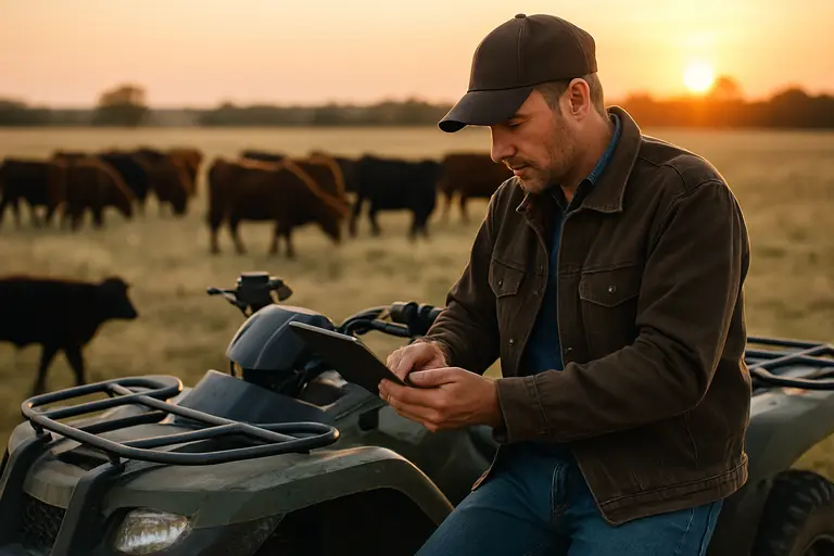 Ranch manager reviewing field notes beside a pickup near cattle pasture