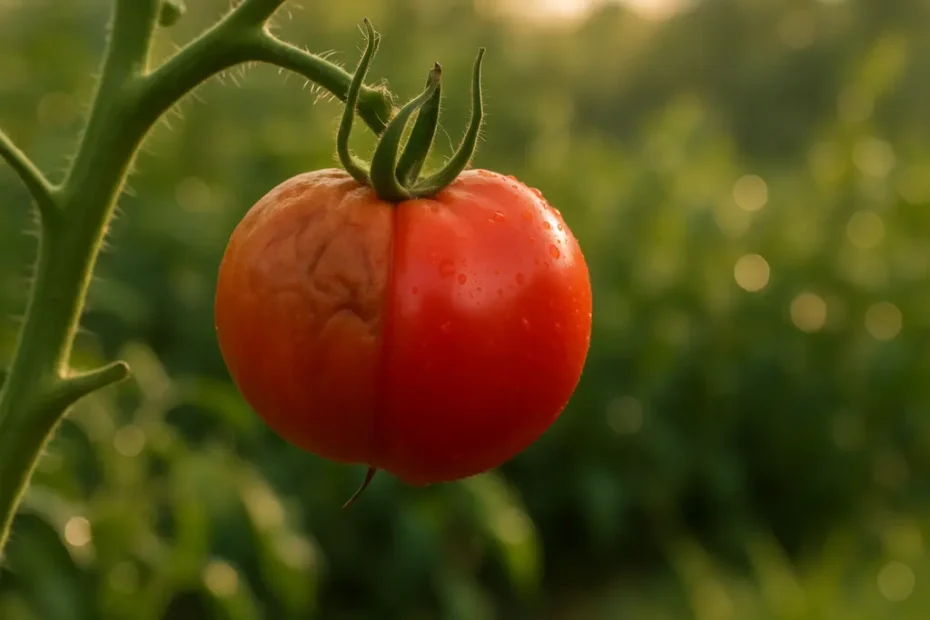 Red Alert tomatoes growing beside crop rows during nitrogen stress research