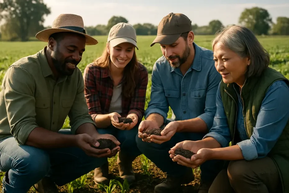 regenerative agriculture field with cover crops and a farmer checking soil