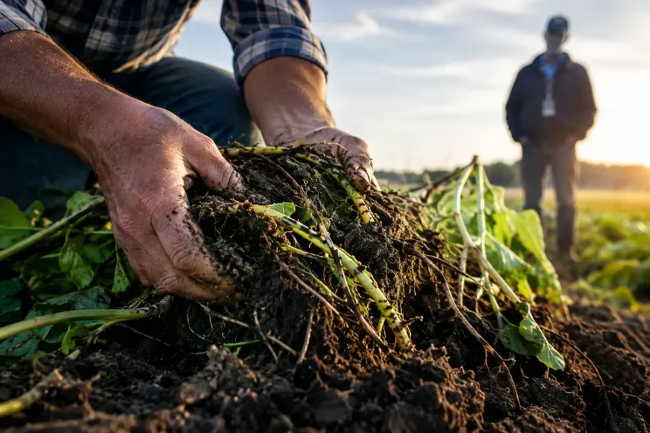 Regenerative soil health practices in a covered crop field after rain