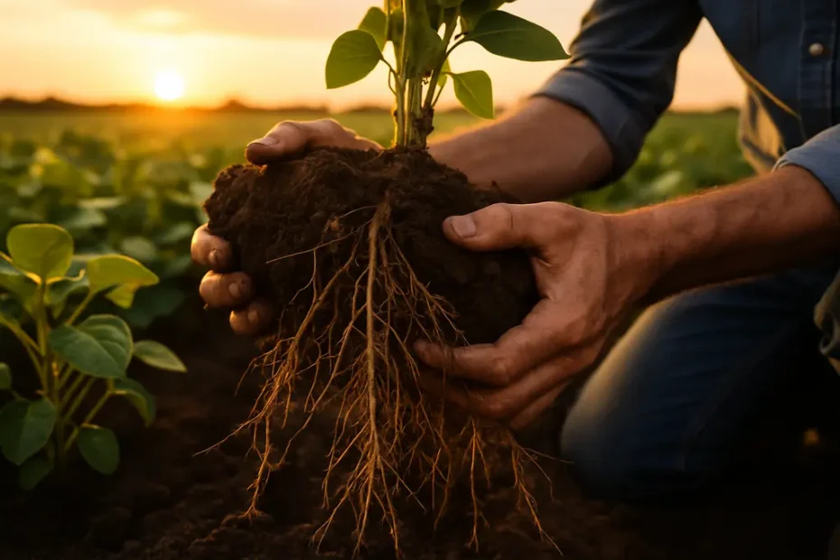 ROOTS Project soybean plants with visible root systems in dry soil