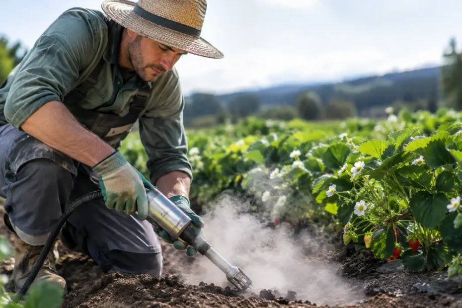 Steam soil treatment equipment preparing strawberry beds in a coastal farm field