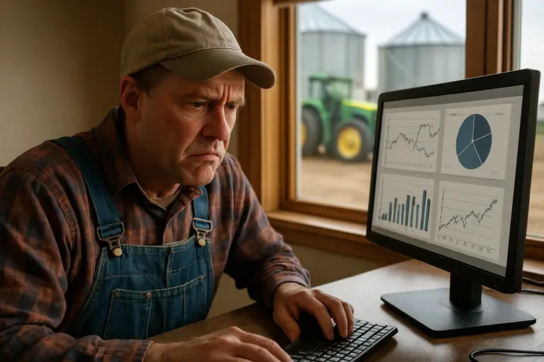 Tractor parked near crop rows as a farmer checks expense notes on a clipboard