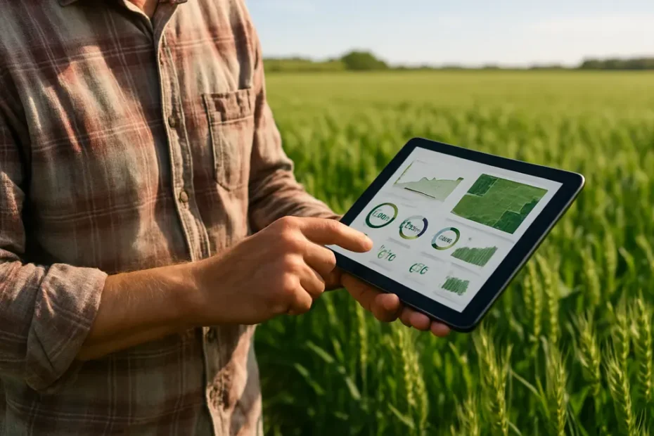 USDA data modernization dashboard beside crop records on a farm office desk